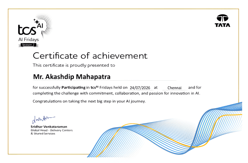 Akashdip Mahapatra - AI Fridays Season 2 Certificate of Achievement for Artificial Intelligence Hackathon by TCS