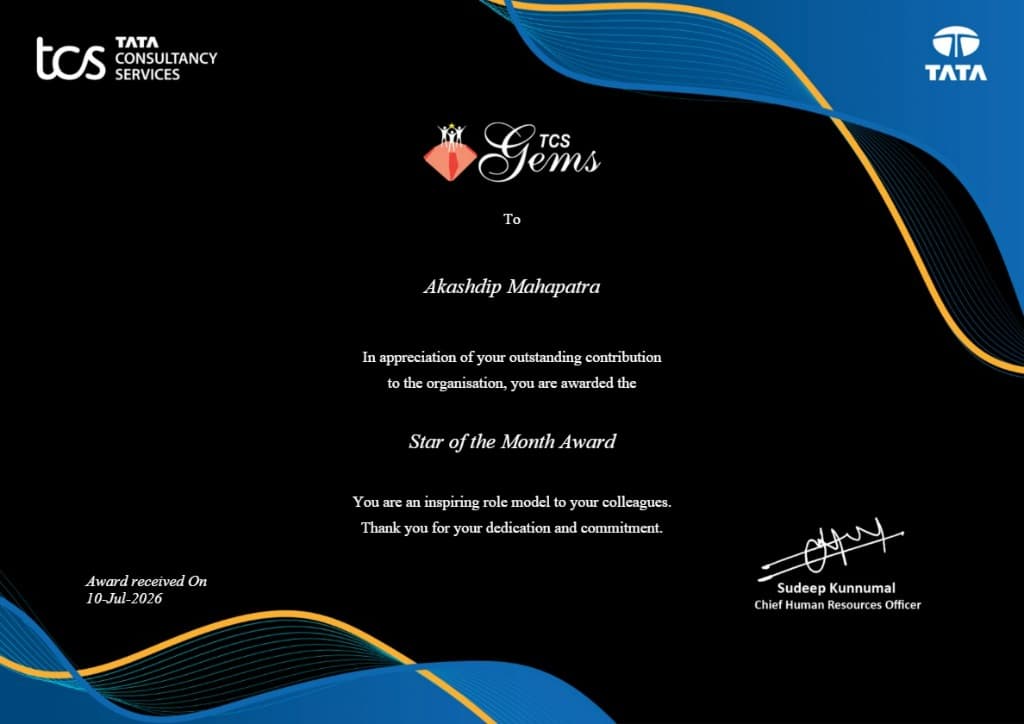 Akashdip Mahapatra - Star of the Month Award Certificate by Tata Consultancy Services (TCS) for AWS Automation and DevOps Excellence